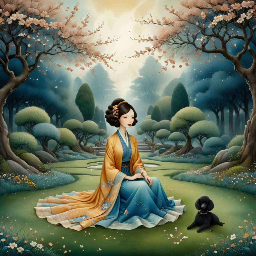 Breathtaking, Watercolour, Pastel colours art in the style of Amanda Clark, Jacek Yerka, Benjamin Lacombe and Amanda Sage. featuring bold colors and geometric patterns. A European woman, brown hair, dressed in ochre and blue summer clothes, in a beautiful Japanese garden, is sitting on a lawn with her black dwarf poodle and watches the petals of the cherry trees falling from the trees. Cherry blossoms. Petals. Rich and varied textures, 3D brushwork, intricately detailed. crisp quality colourful very cute
