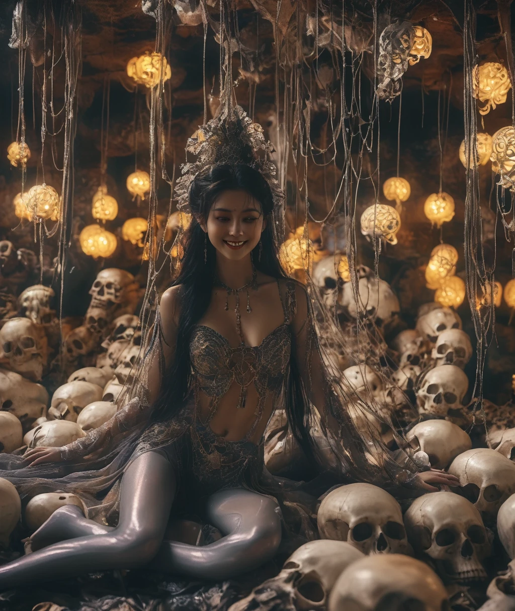 
A cinematic-style fullbody realisticphoto of a beautiful young lady ,with a charming smile,in long hairstyle，sexy，on pile of skulls in White Viscous liquid, at Luxurious cave palace with Hanging skeletons on webs，yaoye，anatomical correct:2, Raw, cinematic shot, (sharp focus:1.5), (photorealistic:1.4), twilight lighting, volumetric lighting, ultra high res, 16K,dramatic lighting, abstract backgrounds：1.5）（zentangle，datura，Tangles，entangled：0.7）Kitsune witch，kitsune mask，Haori jacket, foxfire spell, fox family, transformation, depth of field, Fantastical Atmosphere, The most beautiful form of chaos, ellegance, Dark theme of Fauvist design, Flower of Death, Flowers of ecstasy，Glowing Line,Glow Example，Tracking example，flash， Backlight，translucent，light particles,Xill