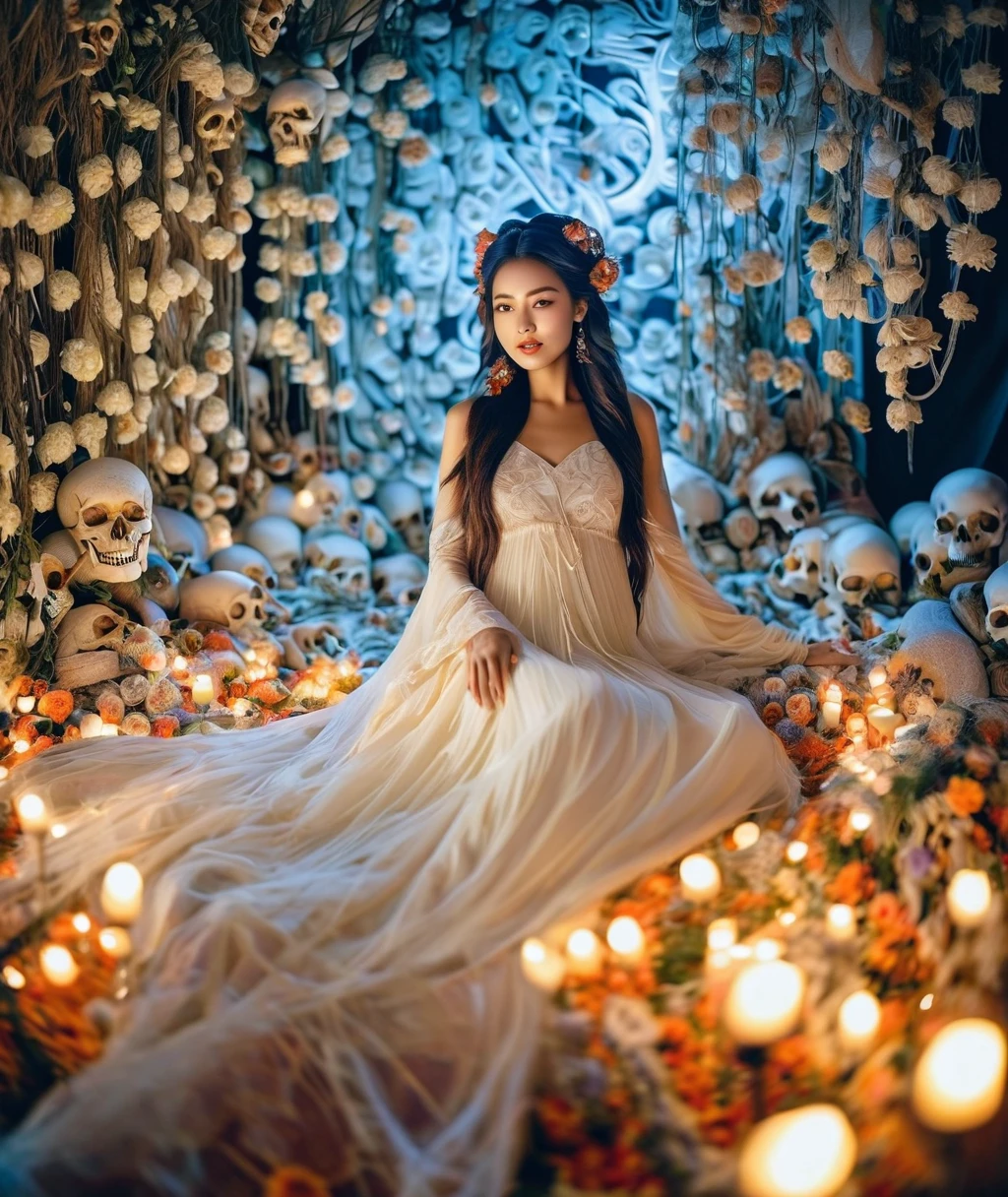 
A cinematic-style fullbody realisticphoto of a beautiful young lady ,with a charming smile,in long hairstyle，sexy，on pile of skulls in White Viscous liquid, at Luxurious cave palace with Hanging skeletons on webs，yaoye，anatomical correct:2, Raw, cinematic shot, (sharp focus:1.5), (photorealistic:1.4), twilight lighting, volumetric lighting, ultra high res, 16K,dramatic lighting, abstract backgrounds：1.5）（zentangle，datura，Tangles，entangled：0.7）Kitsune witch，kitsune mask，Haori jacket, foxfire spell, fox family, transformation, depth of field, Fantastical Atmosphere, The most beautiful form of chaos, ellegance, Dark theme of Fauvist design, Flower of Death, Flowers of ecstasy，Glowing Line,Glow Example，Tracking example，flash， Backlight，translucent，light particles,Xill