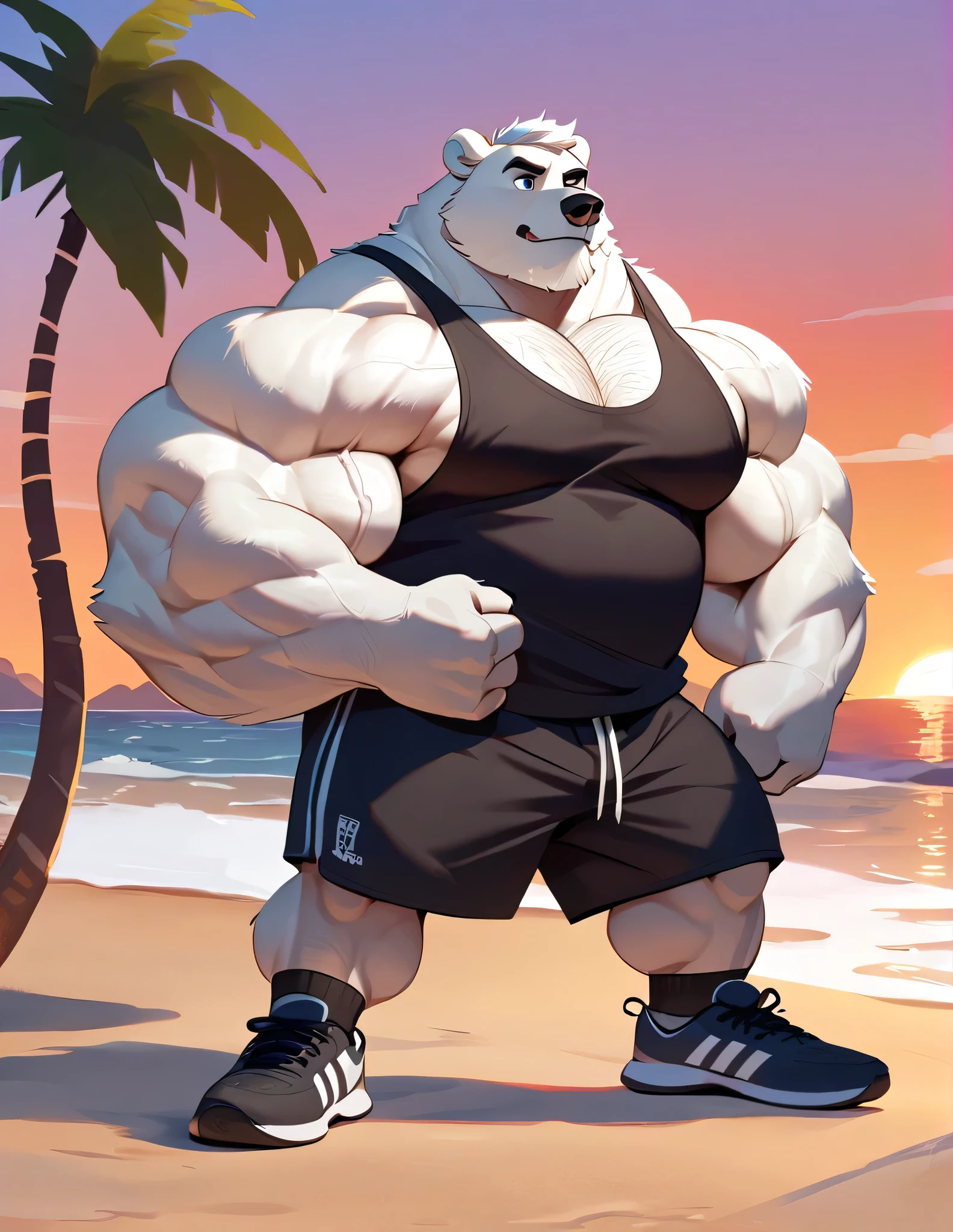  One tall Polar Bear with big muscular body in a huge white fur shirtless and topless with light blue shorts and a dog tag on his neck, veiny, squatting over 1000lbs