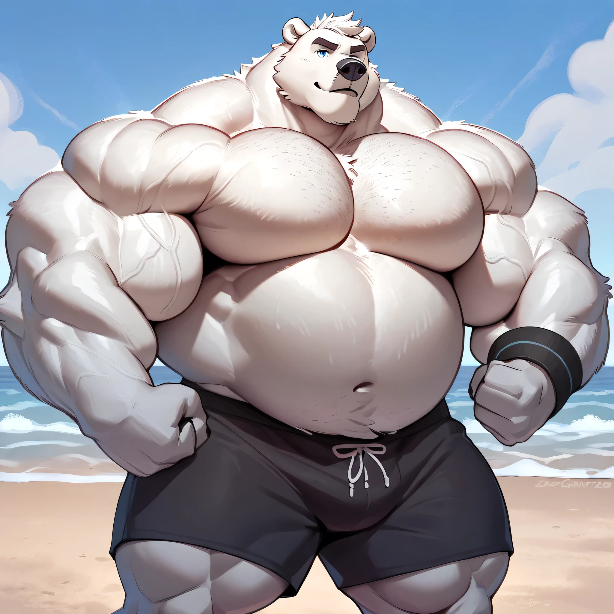 huge bulked up muscular polar bear in Californian beach, big grunting noise, big bulked up flexing body, polar bear, huge white fur, thick arm, huge arm, added gray mustache, added gray beard, short white hair, weight: 350lbs, (veiny bulked up muscular, pectoral, wide pectoral, thick bulky arms), Walt Disney 2D Zootopia Animation Art Style, detailed gray eyebrows, detailed blue eyes with blue pupils, (wearing black short trunks, wristbands, shirtless, topless, half naked and feet), flexing his thorax