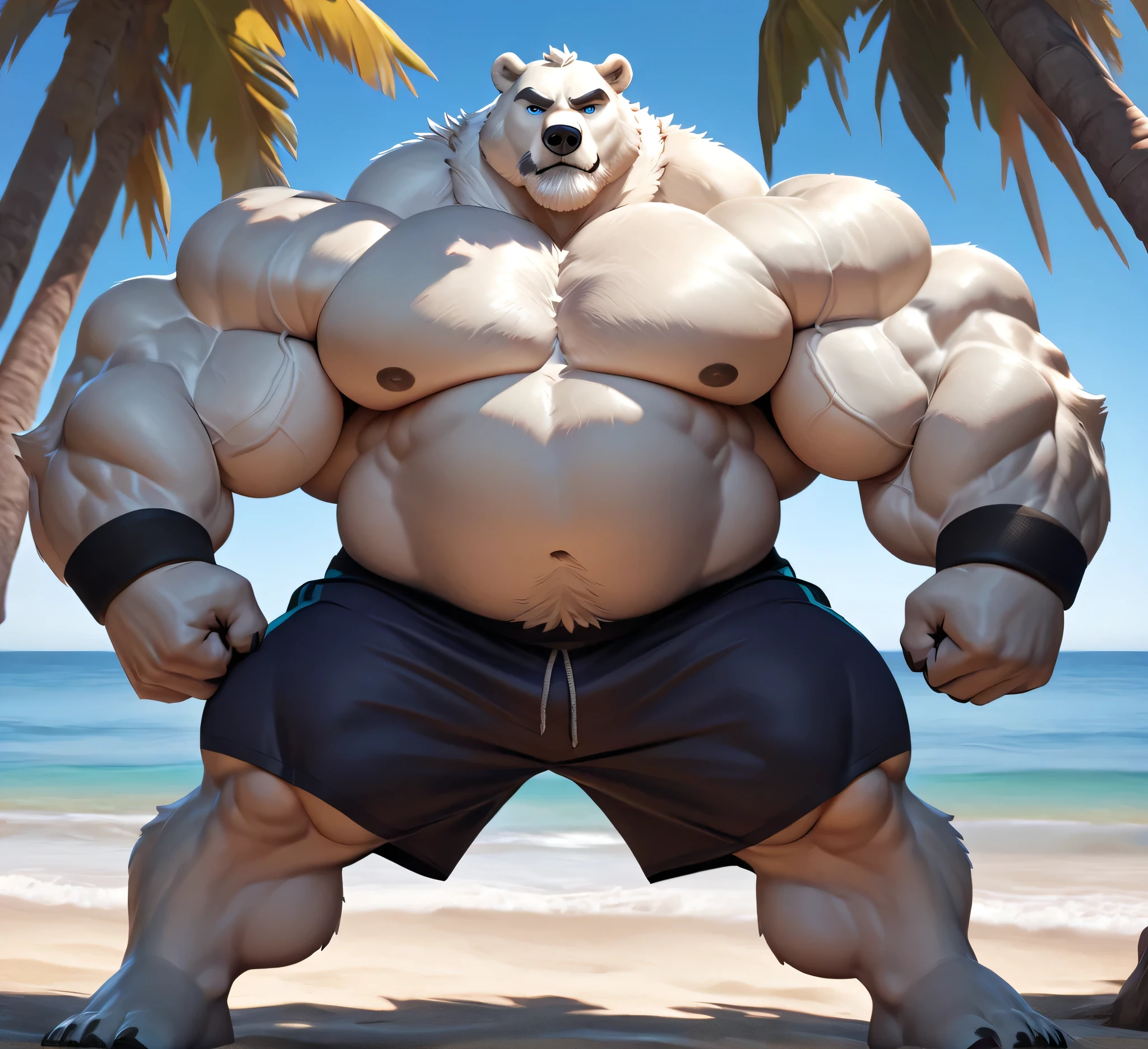 huge bulked up muscular polar bear in Californian beach, big grunting noise, big bulked up flexing body, polar bear, huge white fur, thick arm, huge arm, added gray mustache, added gray beard, short white hair, weight: 350lbs, (veiny bulked up muscular, pectoral, wide pectoral, thick bulky arms), realistic, 8k, masterpiece, detailed gray eyebrows, detailed blue eyes with blue pupils, (wearing black short trunks, wristbands, shirtless, topless, half naked and feet), flexing his thorax