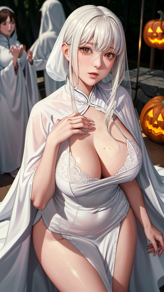 (（（figure，御姐figure,White and tender skin,（（ghost costume,ghost,The white female ghost ，White cape）））,,(（（No Head ））),((masterpiece)), highres ,((Best quality at best)),masterpiece,quality,Best quality,(（（  to the audience,）））,Huge breasts,苗条figure,forest,night,（（（A female ghost ,躲在一个巨大的pumpkin后面，Leaning out，pumpkin））),）））