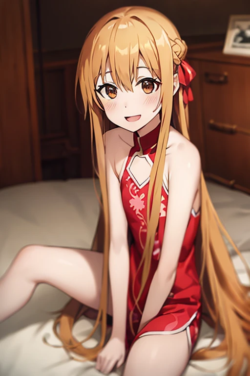 ((Best Quality)), ((masterpiece)), (be familiar with),  perfect face, indoor, bedroom,  is watching viewers,
One woman, Yuuki Asuna,
 characters with open mouth , Ecstatic expression, blush, smile,
Small breasts,  flat chest, , ,  kids, Girl,
Long Hair,  long hair,
Leg spread,