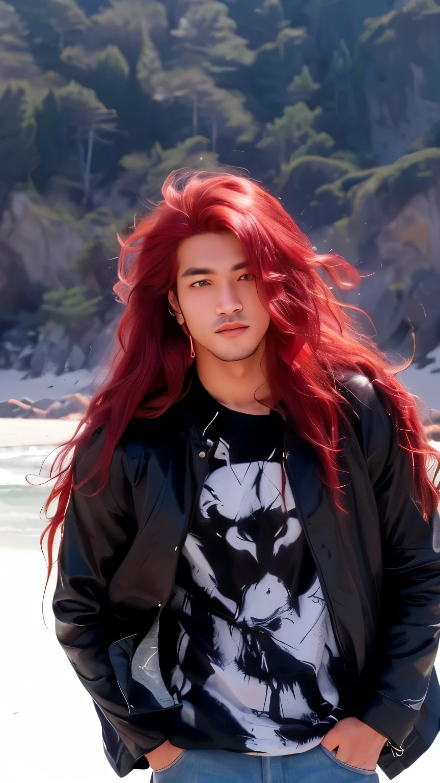 arafed man with red hair and a black jacket standing on a beach, tengri, with long hair, with red hair, with long red hair, ramil sunga, profile picture 1024px, headshot profile picture, vocalist, mohamed chahin, with curly red hair, profile image, inspired by Jorge Jacinto, profile photo