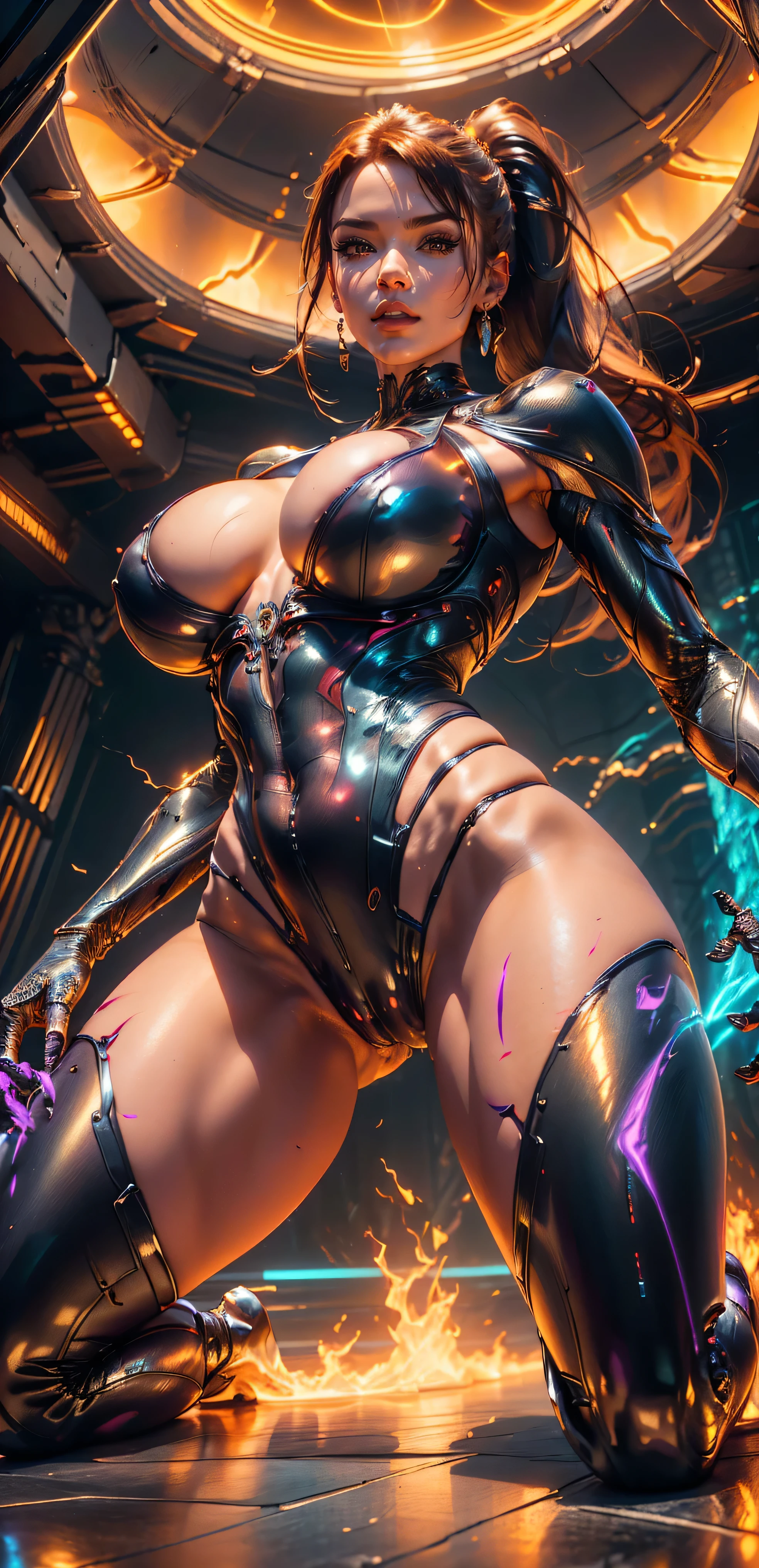 From below, kneeling, Shattered glass, Full body portrait, old Milf, 50 yo, evil look, sexy, claws, demoness, see-through panties, high ponytail hair, plasma filiments, flames, red hues, scifi, purple hues, facepaint, red glowing eyes, dynamic combat stance,  dark aura, menacing, psychotic, highly detailed, vibrant appearance, creative behavior, imaginative, sensual, spontaneous, highest quality, skin texture, intricate details, (cinematic lighting), RAW photo, 8k, masterpiece,best quality,ultra-detailed,very detailed illustrations,extremely detailed,intricate details,highres,super complex details,extremely detailed 8k cg wallpaper,