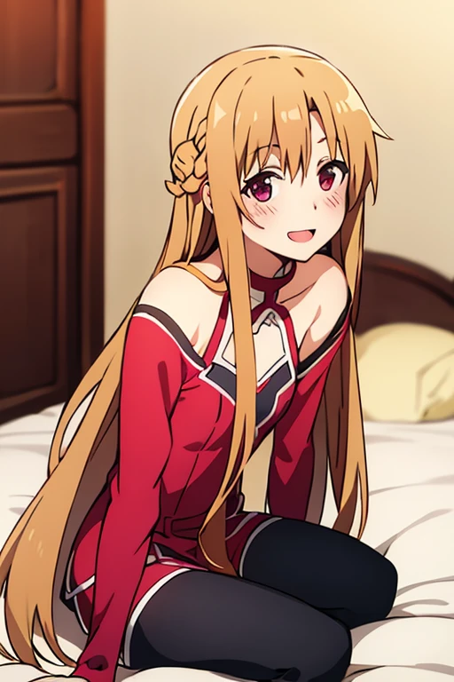 ((Best Quality)), ((masterpiece)), (be familiar with),  perfect face, indoor, bedroom,  is watching viewers,
One woman, Yuuki Asuna,
 characters with open mouth , Ecstatic expression, blush, smile,
Small breasts,  flat chest, , ,  kids, Girl,
Long Hair,  long hair,
Leg spread,