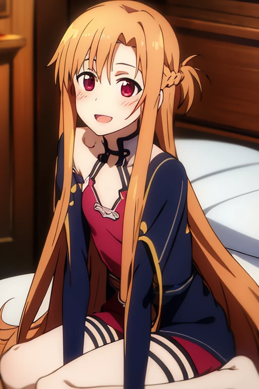 ((Best Quality)), ((masterpiece)), (be familiar with),  perfect face, indoor, bedroom,  is watching viewers,
One woman, Yuuki Asuna,
 characters with open mouth , Ecstatic expression, blush, smile,
Small breasts,  flat chest, , ,  kids, Girl,
Long Hair,  long hair,
Leg spread,