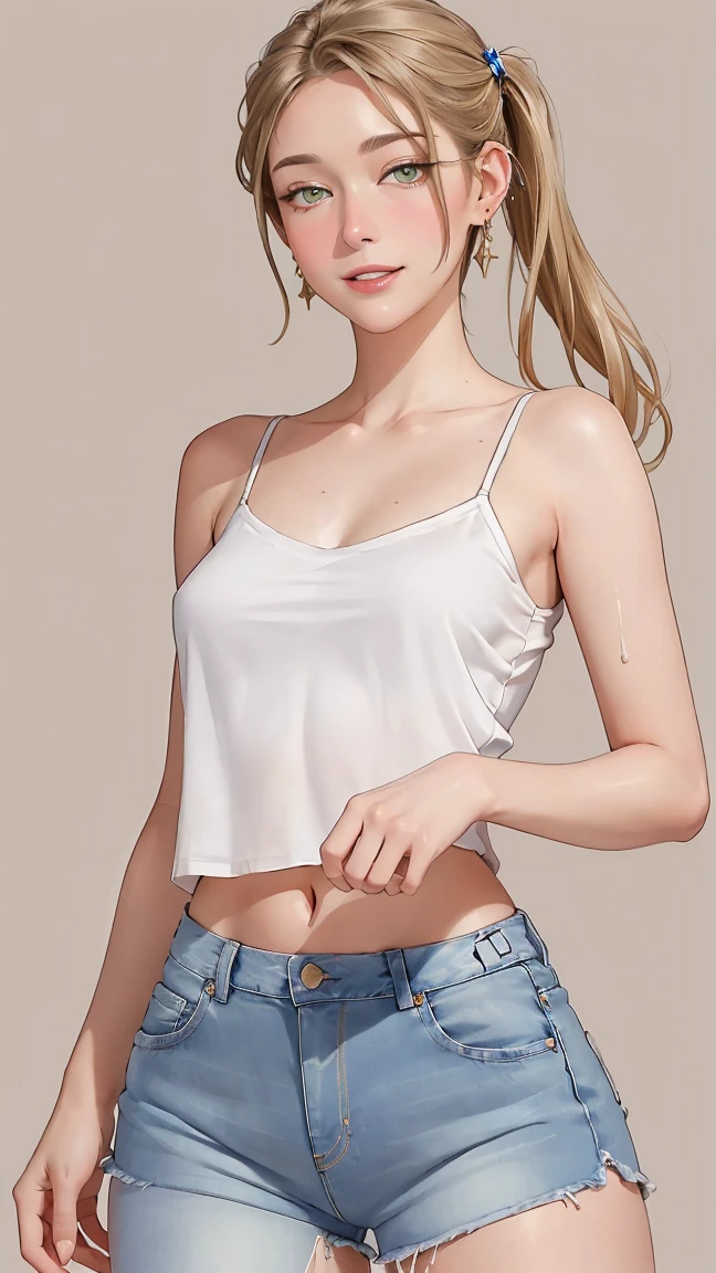 ((((masterpiece, best quality, high resolution)))), Extremely detailed 8K, Beautiful girl with voluptuous body, (Ultra HD, Ultra-detailed, Highly detailed, Highly realistic, Ultra-realistic, photograph realistic), (1girl:1.5), (Realistic beige hair), (long twin tails hair, hair ornaments, earrings), (dynamic poses), facing at camera, looking at viewer, (blushing red, embarrassed, exhausted, smile), (hazel green eyes, sharp eyes), (small perky breasts:1.3), (wide hips:1.2), (beautiful detailed face, beautiful detailed eyes), ((white cropped camisole, jeans shorts)), (detail pussy), (standing up), sweat, glow, ((cowboy shot)), (nightlight), (simple background), seductive