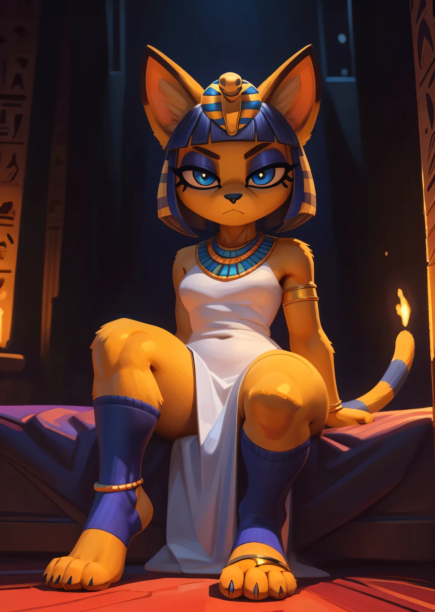 [ankha], [Animal Crossing], [Uploaded to e621.net; (Pixelsketcher), (wamudraws)], ((masterpiece)), ((HD)), ((high res)), ((solo portrait)), ((full body)), ((front view)), ((feet visible)), ((detailed fur)), ((detailed shading)), ((beautiful render art)), ((cinematic lighting)), {(slim figure), (yellow fur), (black nose), (cute blue eyes), (indigo eyeshadow), (egyptian eye makeup), (cat ears), (long striped tail), (curvy hips), (beautiful toned legs), (defined feet), (frown)}, {(short white dress), (colorful necklace), (detailed snake headwear), (blue bracers), (gold anklets), (gold toe ring), (blue stirrup socks)}, {(sitting on bed), (looking at viewer)}, [ambient lighting, desert temple, bedroom, torch on wall, nighttime]