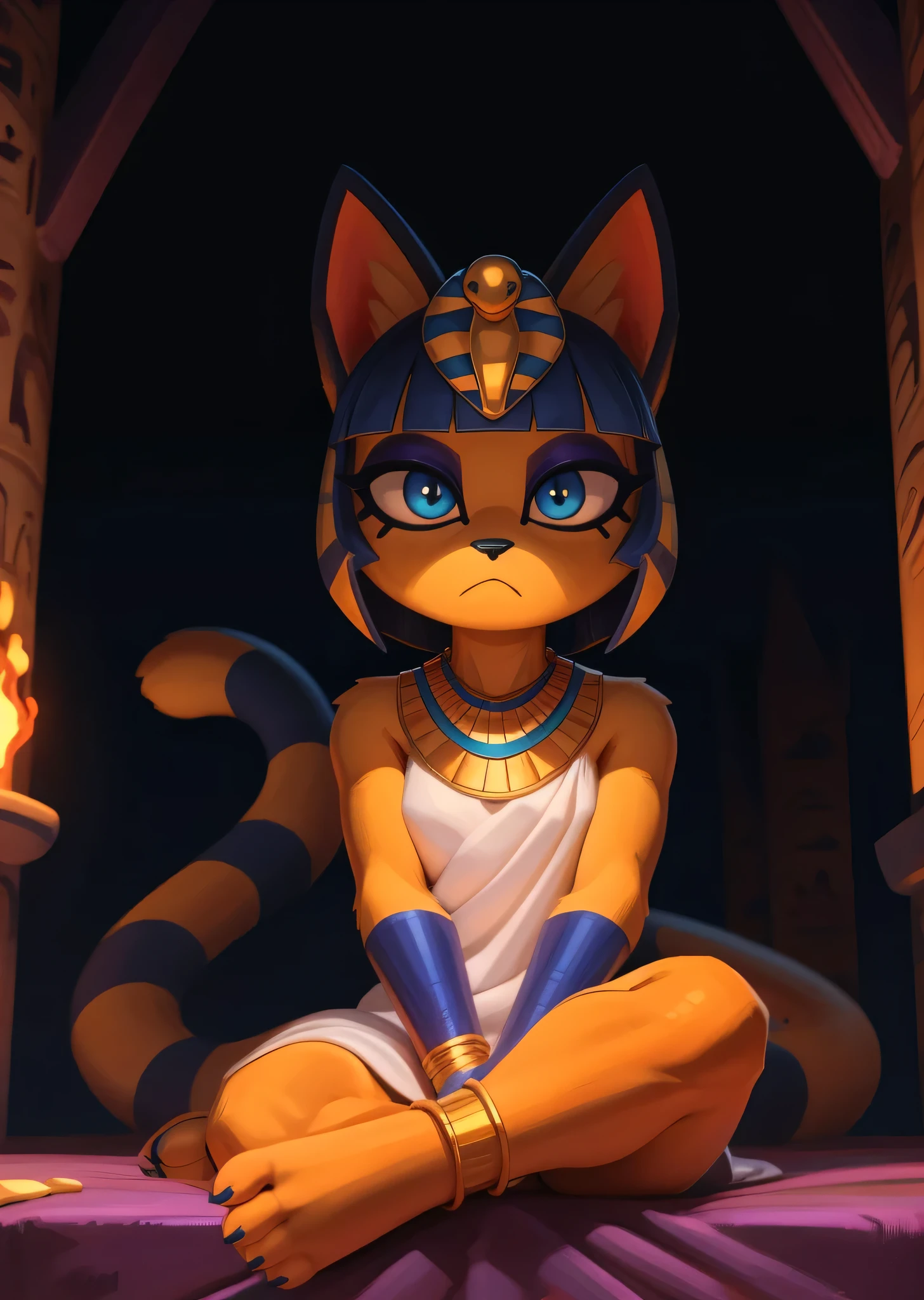 [ankha], [Animal Crossing], [Uploaded to e621.net; (Pixelsketcher), (wamudraws)], ((masterpiece)), ((HD)), ((high res)), ((solo portrait)), ((full body)), ((front view)), ((feet visible)), ((detailed fur)), ((detailed shading)), ((beautiful render art)), ((cinematic lighting)), {(slim figure), (yellow fur), (black nose), (cute blue eyes), (indigo eyeshadow), (egyptian eye makeup), (cat ears), (long striped tail), (curvy hips), (detailed glute crevice), (beautiful toned legs), (defined feet), (frown)}, {(short white dress), (colorful necklace), (detailed snake headwear), (blue bracers), (gold anklets), (gold toe ring), (blue stirrup socks)}, {(sitting on bed), (cute pose), (folded legs), (looking at viewer)}, [ambient lighting, desert temple, bedroom, torch on wall, nighttime]