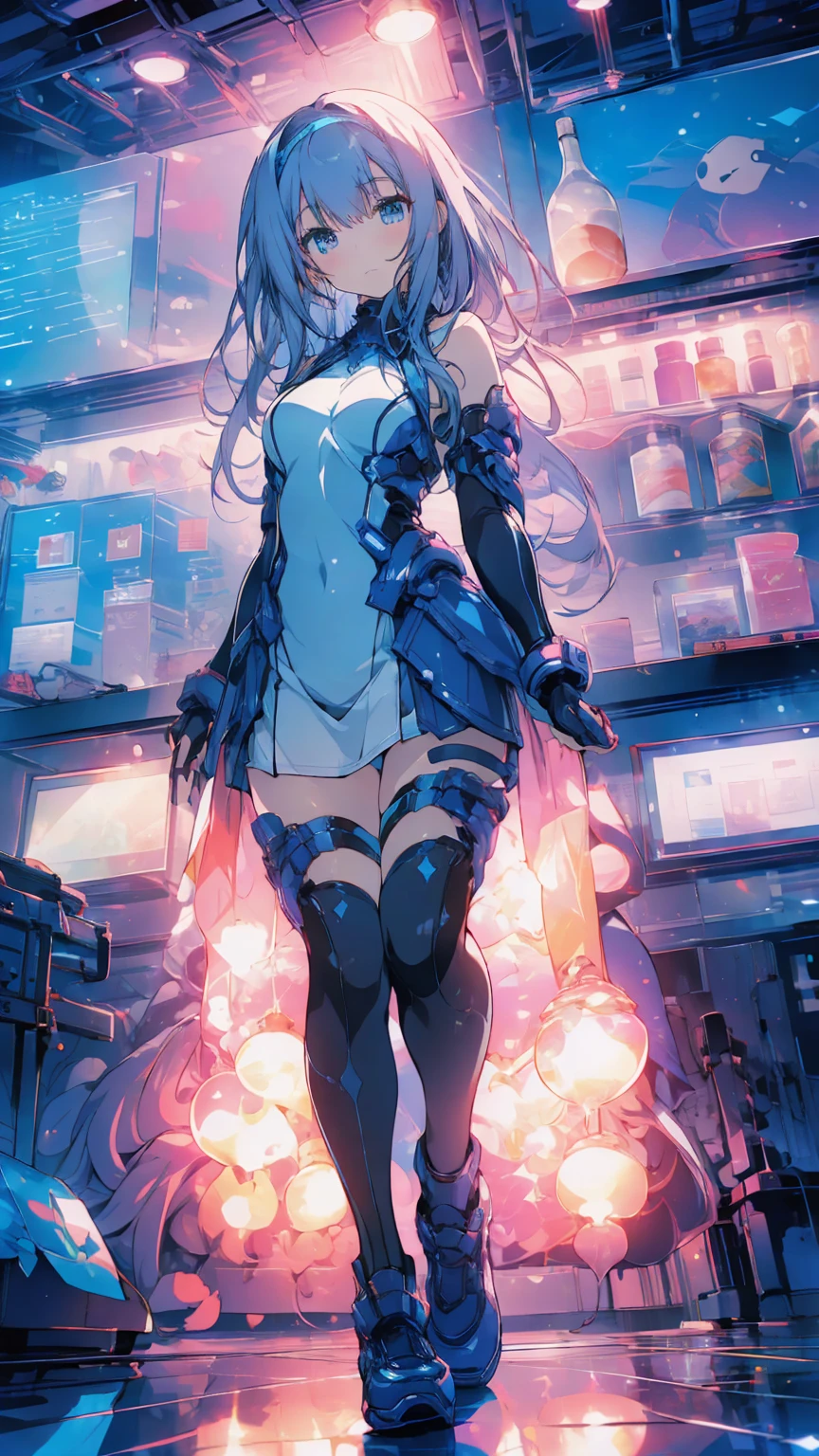 ((full body)),masterpiece, Best Quality,  anime style,Official Art Beautiful Lighting,  1 girl, bangs, Futuristic base interior, whole body, Blue and white outfit, masterpiece, noise reduction, perfect anatomy, high resolution, Super detailed,Game CG, Dutch Angle  , beautiful detailed eyes, visual art , Five Fingers, Perfect hands,  Full Photo,look back，back，(( low angle))