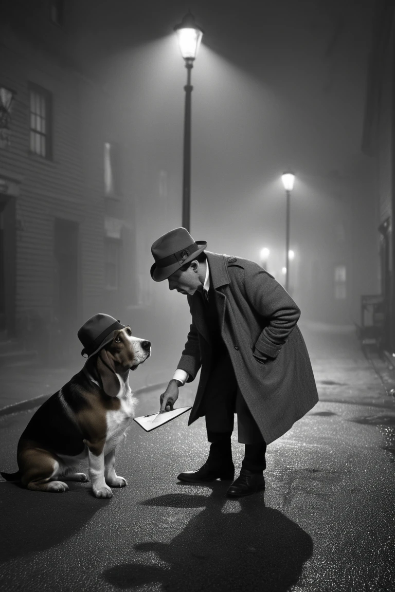 Vintage-style shot of a basset hound and a terrier in classic detective attire—small trench coats and detective hats—examining a clue on a foggy street corner at night. The basset hound holds a magnifying glass, while the terrier scribbles in a tiny notepad. Soft, noir lighting with shadows adds mystery, capturing their focused expressions as they ‘work the case.’