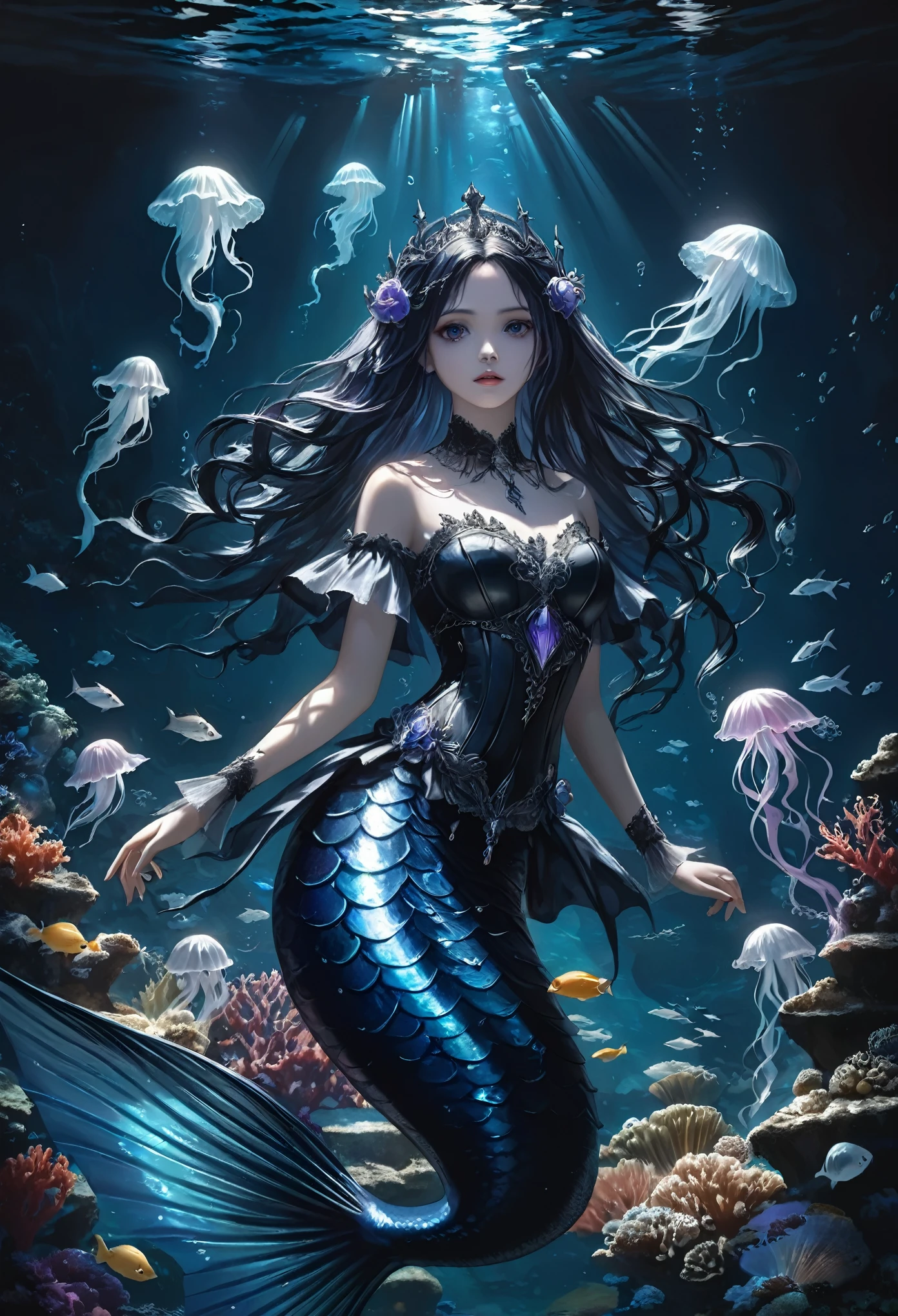 tmasterpiece, Master masterpieces, mermaids, Full-figured, The color hair, abyssal, It's dark,glowing jellyfish, kelp, Small fish, Sony FE GM, Textured skin, High quality, High details