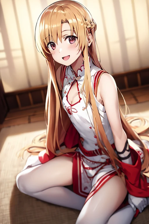 ((Best Quality)), ((masterpiece)), (be familiar with),  perfect face, indoor, bedroom,  is watching viewers,
One woman, Yuuki Asuna,
 characters with open mouth , Ecstatic expression, blush, smile,
Small breasts,  flat chest, , ,  kids, Girl,
Long Hair,  long hair,
Leg spread,