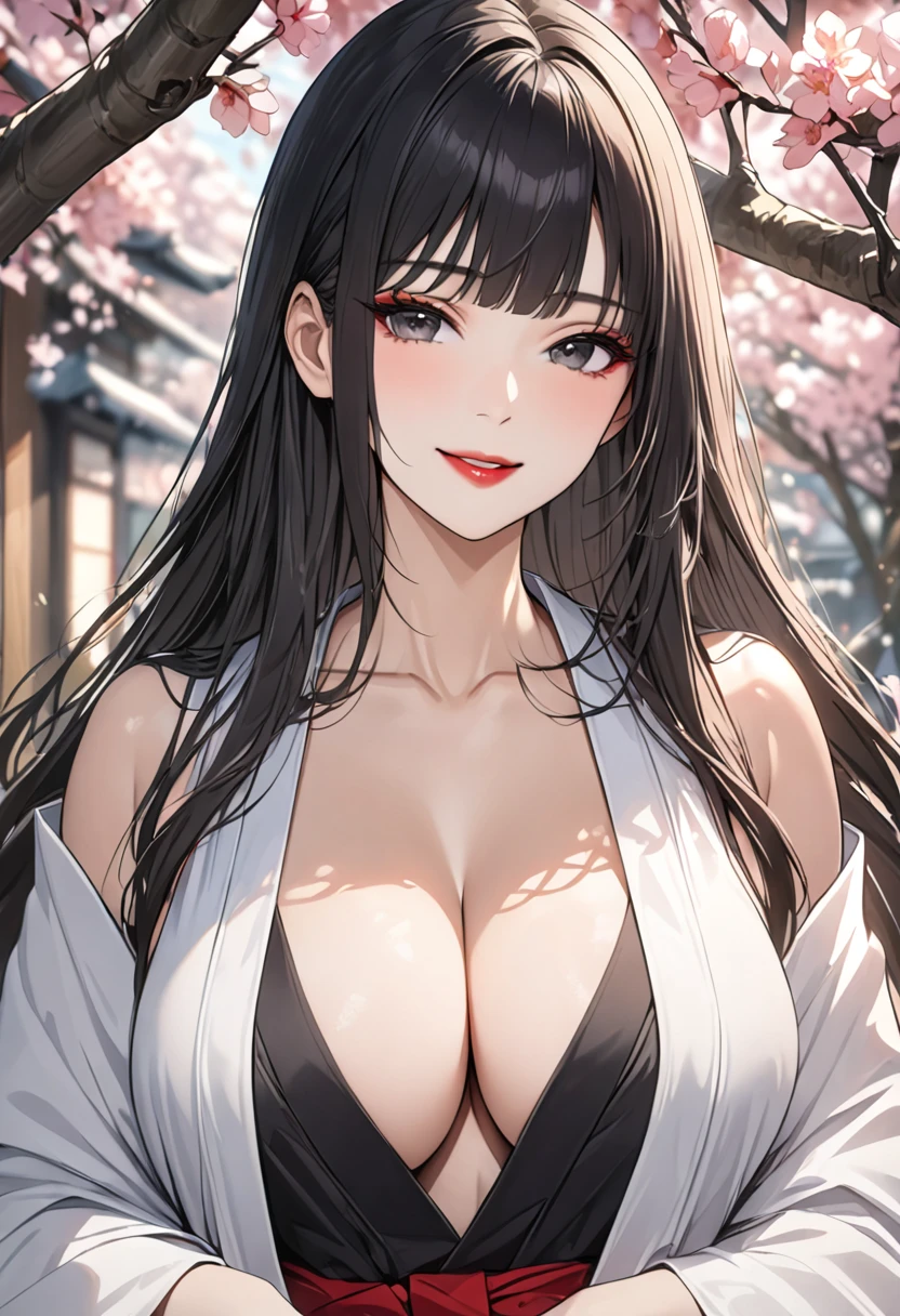 A mature woman with side locks and hair adornments, large breasts, in a portrait style, with a focus on her face (face:1.2), wearing a school uniform, smiling, showing bare shoulders, with cherry blossoms, cleavage, in a robe (Robe:1.21), and clavicle, surrounded by willow branches, (best quality,4k,8k,highres,masterpiece:1.2),ultra-detailed,HDR,UHD,studio lighting,ultra-fine painting,sharp focus,physically-based rendering,extreme detail description,professional,vivid colors,bokeh,portraits, senjumaru shutara, long hair, bangs, blunt bangs, black hair, sidelocks, black eyes, makeup, lipstick, red lipstick,