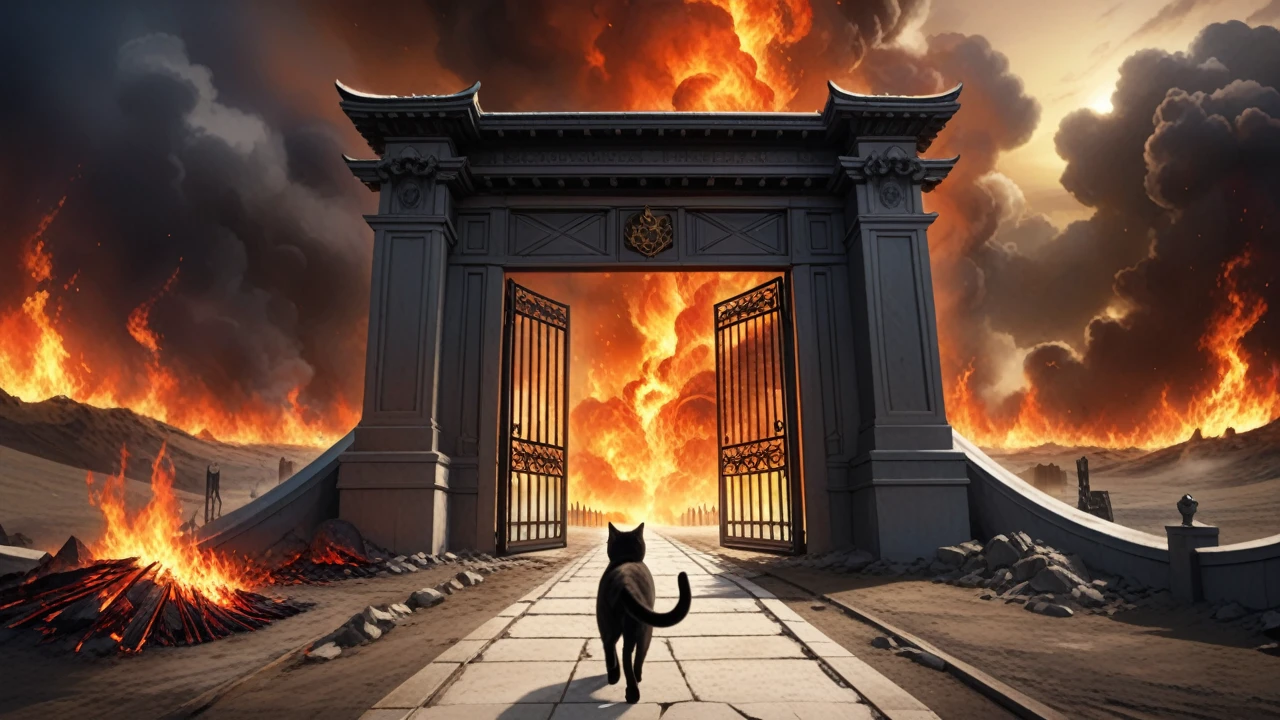 (best quality,4k,8k,highres,masterpiece:1.2),ultra-detailed,(realistic,photorealistic,photo-realistic:1.37), the gates of hell, the narrow path to the gates, the rough earth, the burning earth, a lone cat walking on the path to the gates