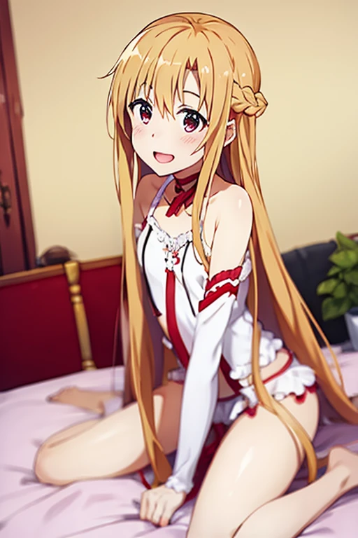 ((Best Quality)), ((masterpiece)), (be familiar with),  perfect face, indoor, bedroom,  is watching viewers,
One woman, Yuuki Asuna,
 characters with open mouth , Ecstatic expression, blush, smile,
Small breasts,  flat chest, , ,  kids, Girl,
Long Hair,  long hair,
Leg spread,