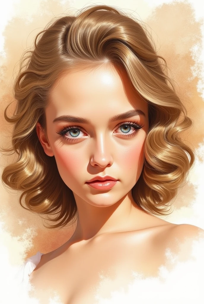 A highly detailed realistic portrait painting of a young woman's face dominates the composition, centered within the frame. The subject has fair skin with subtle blush on her cheeks, creating soft shadows that enhance her facial contours. Her large blue-gray eyes are prominently featured, gazing directly at the viewer with long eyelashes framing them, rendered with intricate detail. Thick, well-defined eyebrows in dark brown add depth to her expression. Her lips are full and slightly parted, painted in a warm peach color that complements her complexion. Her curly blonde hair is intricately depicted, styled loosely with voluminous waves cascading around her head and shoulders, blending seamlessly into the background. The lighting is soft and diffused, coming from the front-left side, illuminating her features evenly while casting gentle shadows that add depth to the portrait. The background consists of abstract watercolor splashes in shades of light brown, beige, amber, and cream, creating an ethereal halo effect around her head. This blend of colors adds texture and warmth to the overall composition, enhancing the intimate atmosphere. The color palette includes warm tones such as sandy beige, golden brown, peach pink, ivory white, and muted browns, all contributing to a serene yet captivating mood. The high contrast between the illuminated areas and the shadows emphasizes the subject's delicate features, creating a three-dimensional effect. The meticulous attention to detail in the eyes, lips, and hair showcases the artist's skill in capturing the essence of the subject.