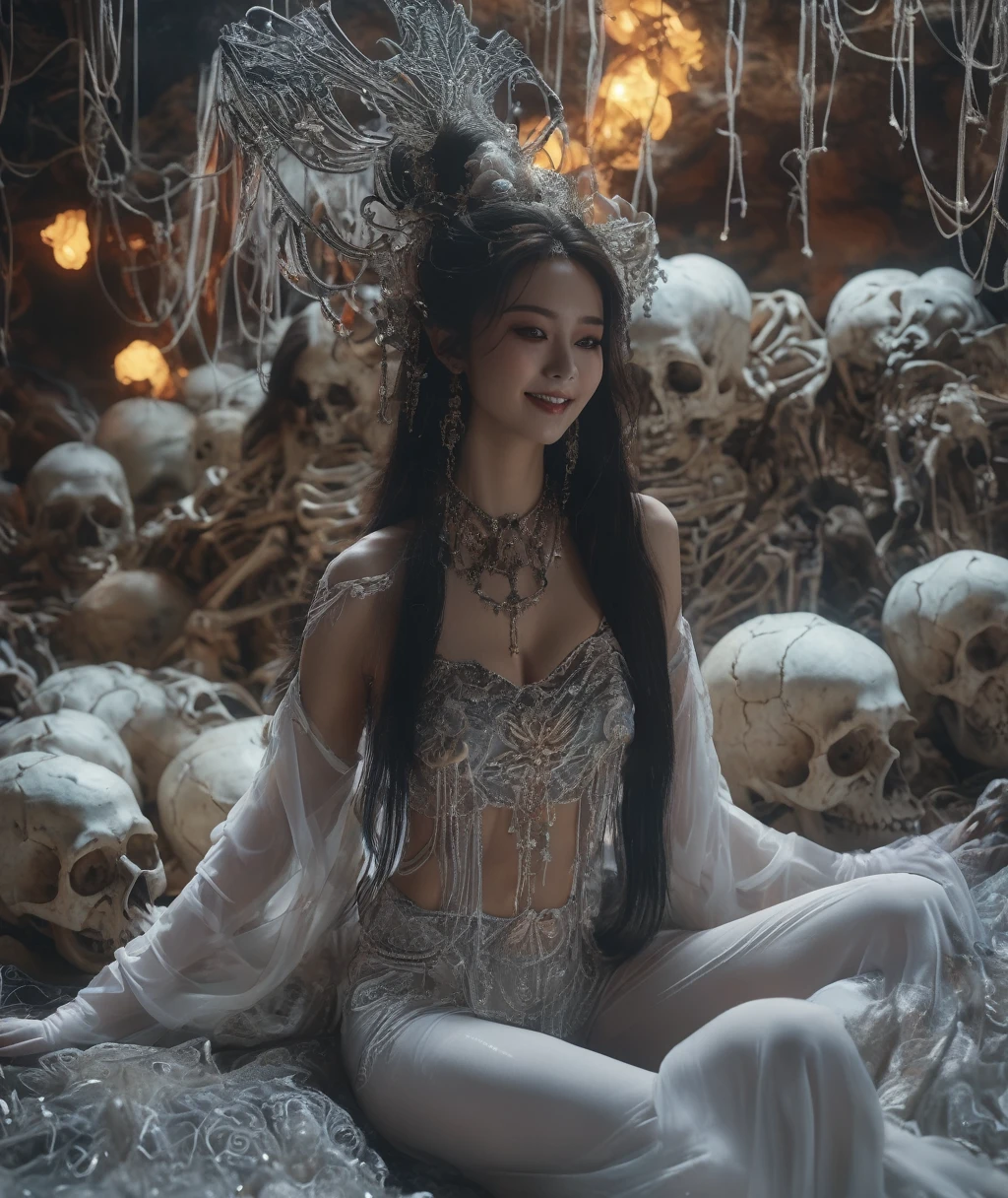 
A cinematic-style fullbody realisticphoto of a beautiful young lady ,with a charming smile,in long hairstyle，sexy，on pile of skulls in White Viscous liquid, at Luxurious cave palace with Hanging skeletons on webs，yaoye，anatomical correct:2, Raw, cinematic shot, (sharp focus:1.5), (photorealistic:1.4), twilight lighting, volumetric lighting, ultra high res, 16K,dramatic lighting, abstract backgrounds：1.5）（zentangle，datura，Tangles，entangled：0.7）Kitsune witch，kitsune mask，Haori jacket, foxfire spell, fox family, transformation, depth of field, Fantastical Atmosphere, The most beautiful form of chaos, ellegance, Dark theme of Fauvist design, Flower of Death, Flowers of ecstasy，Glowing Line,Glow Example，Tracking example，flash， Backlight，translucent，light particles,Xill