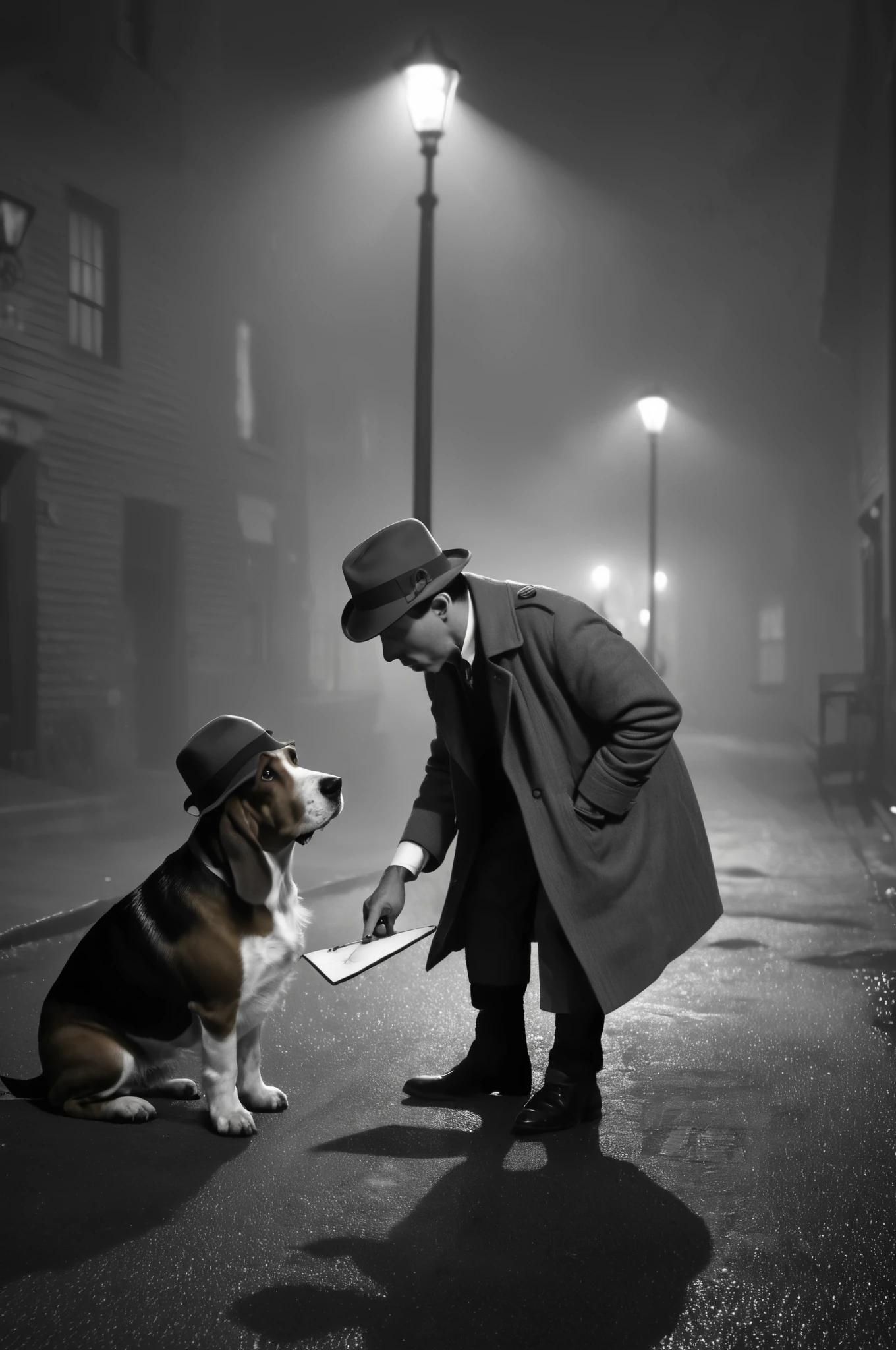 Vintage-style shot of a basset hound and a terrier in classic detective attire—small trench coats and detective hats—examining a clue on a foggy street corner at night. The basset hound holds a magnifying glass, while the terrier scribbles in a tiny notepad. Soft, noir lighting with shadows adds mystery, capturing their focused expressions as they ‘work the case.’