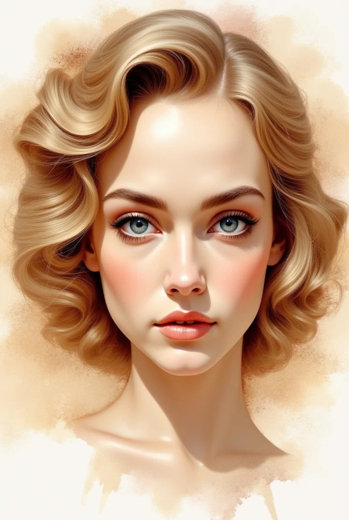 A highly detailed realistic portrait painting of a young woman's face dominates the composition, centered within the frame. The subject has fair skin with subtle blush on her cheeks, creating soft shadows that enhance her facial contours. Her large blue-gray eyes are prominently featured, gazing directly at the viewer with long eyelashes framing them, rendered with intricate detail. Thick, well-defined eyebrows in dark brown add depth to her expression. Her lips are full and slightly parted, painted in a warm peach color that complements her complexion. Her curly blonde hair is intricately depicted, styled loosely with voluminous waves cascading around her head and shoulders, blending seamlessly into the background. The lighting is soft and diffused, coming from the front-left side, illuminating her features evenly while casting gentle shadows that add depth to the portrait. The background consists of abstract watercolor splashes in shades of light brown, beige, amber, and cream, creating an ethereal halo effect around her head. This blend of colors adds texture and warmth to the overall composition, enhancing the intimate atmosphere. The color palette includes warm tones such as sandy beige, golden brown, peach pink, ivory white, and muted browns, all contributing to a serene yet captivating mood. The high contrast between the illuminated areas and the shadows emphasizes the subject's delicate features, creating a three-dimensional effect. The meticulous attention to detail in the eyes, lips, and hair showcases the artist's skill in capturing the essence of the subject.