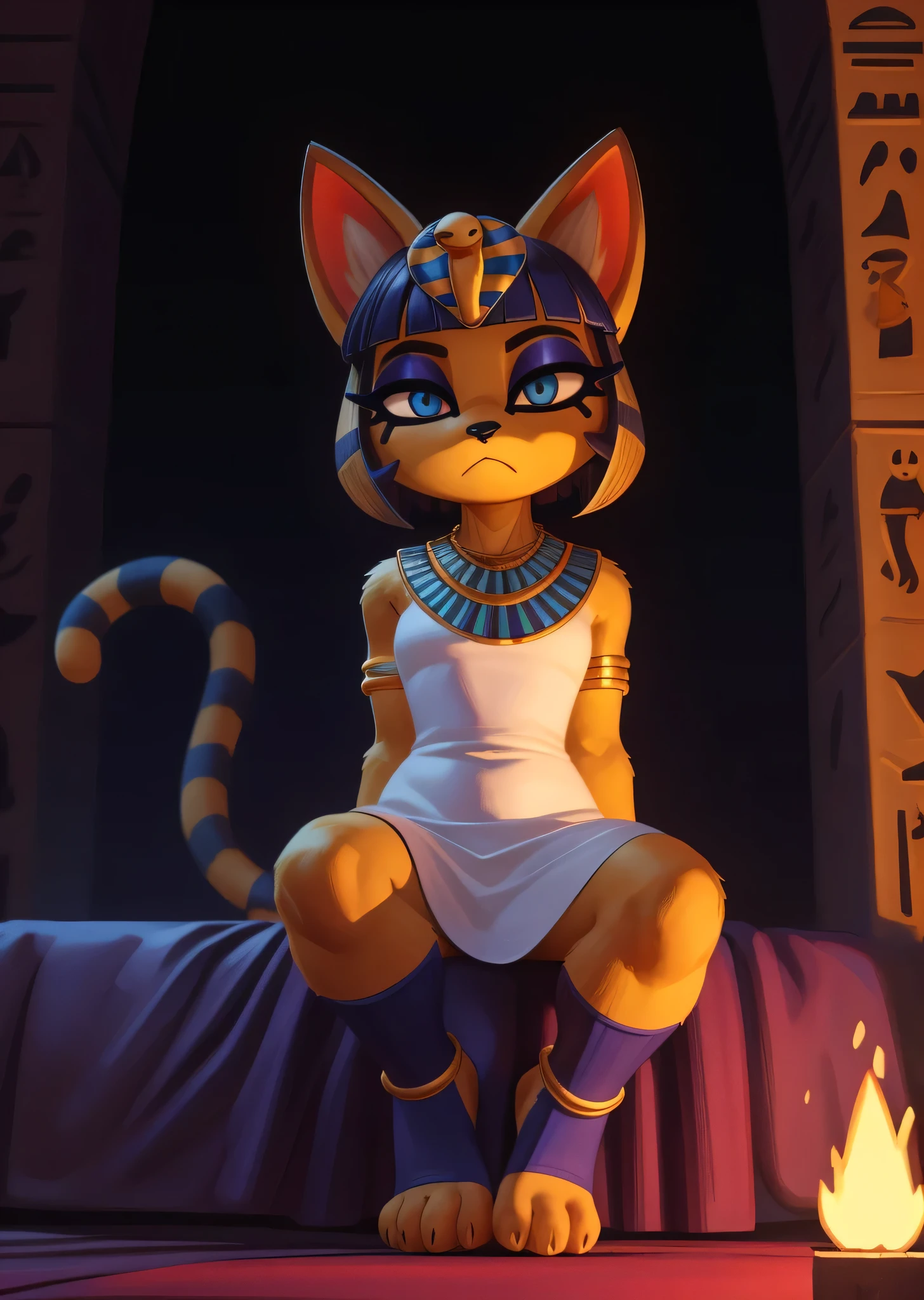 [ankha], [Animal Crossing], [Uploaded to e621.net; (Pixelsketcher), (wamudraws)], ((masterpiece)), ((HD)), ((high res)), ((solo portrait)), ((full body)), ((front view)), ((feet visible)), ((detailed fur)), ((detailed shading)), ((beautiful render art)), ((cinematic lighting)), {(slim figure), (yellow fur), (black nose), (cute blue eyes), (indigo eyeshadow), (egyptian eye makeup), (cat ears), (long striped tail), (curvy hips), (detailed glute crevice), (beautiful toned legs), (defined feet), (frown)}, {(short white dress), (white panties visible), (colorful necklace), (detailed snake headwear), (blue bracers), (gold anklets), (gold toe ring), (blue stirrup socks)}, {(sitting on bed), (cute pose), (looking at viewer)}, [ambient lighting, desert temple, bedroom, torch on wall, nighttime]