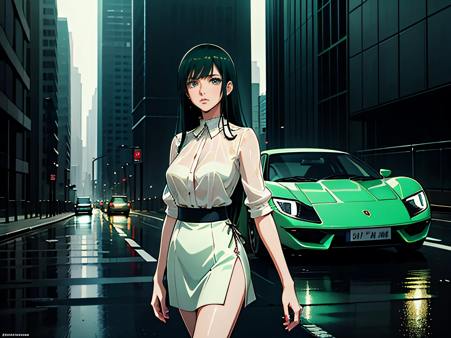 anime、High image quality、 high resolution、 woman standing beside a car 、Green semi-long hair 、 see-through white blouse 、 short dark red miniskirt、Blue Lamborghini Miura、 Urban Dusk 、 Skyscrapers、 after rain、The road is wet、