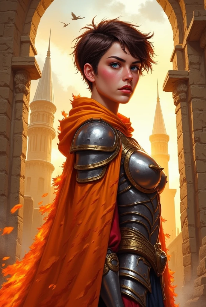 A digital painting asy art style depicts a young woman with short, dark brown hair styled upwards and slightly tousled. She has intense blue eyes, sharp eyebrows, and pink blush on her cheeks. Her expression is serious and determined as she looks slightly to the right. The subject wears intricate armor with golden accents over a vibrant burnt orange cloak that features dynamic flame-like patterns and textures. The cloak's edges are highlighted by warm lighting, creating a glowing effect. The armor covers her shoulders and upper torso, featuring metallic plates with visible seams and joints. A red inner lining is partially visible at the neckline. The midground consists of ancient city structures made of stone or aged wood, with weathered columns and arches framing the character on both sides. These ruins extend from left to right, adding depth and context to the scene. In the background, tall towers with pointed spires rise against a partly cloudy sky filled with soft, warm light. Birds can be seen flying near the top corners of the image, enhancing the epic atmosphere. The overall color palette includes warm hues like amber yellow, sienna brown, golden beige, and burnt orange, with high contrast between illuminated areas and shadows. The lighting is soft and diffused, coming from the left side, casting gentle shadows and highlighting the character's face and clothing while creating an ethereal glow around the buildings. The composition is balanced, with the female figure centrally positioned and facing right, emphasizing her importance within this majestic ancient city setting.