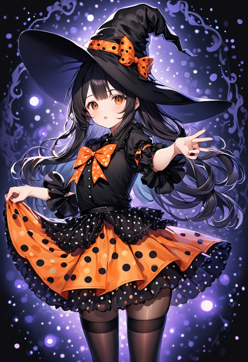 A girl dressed in an enchanting Halloween witch costume, standing , playful pose, classic black witch hat with an orange polka dot bow ribbon, black top, (light-weight puffed sleeves), (bright orange skirt and over layered black light weight skirt , orange polka dot bow on waist, ((black stockings with polka dots),