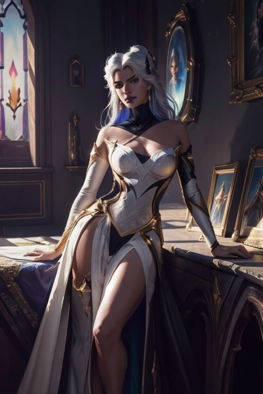 Star Nemesis Morgana, (Masterpiece:1.4), (best quality:1.2), full body, realistic, masterpiece, absurd, best quality, HDR, high quality, highest resolution, elegant, ultra-detailed, Beautiful, ((beautiful delicate face)), full body best details, detailed face, full body, digital painting, artstation, by artgerm, by Liang Xing, by WLOP, smooth, sharp focus, 8k, intricate details, sharp lighting, movie lights, natural light, hard light, backlight, global illumination, sexy, supermodel, facing towards the viewers, Environmental luxury room in the fantasy castle, night