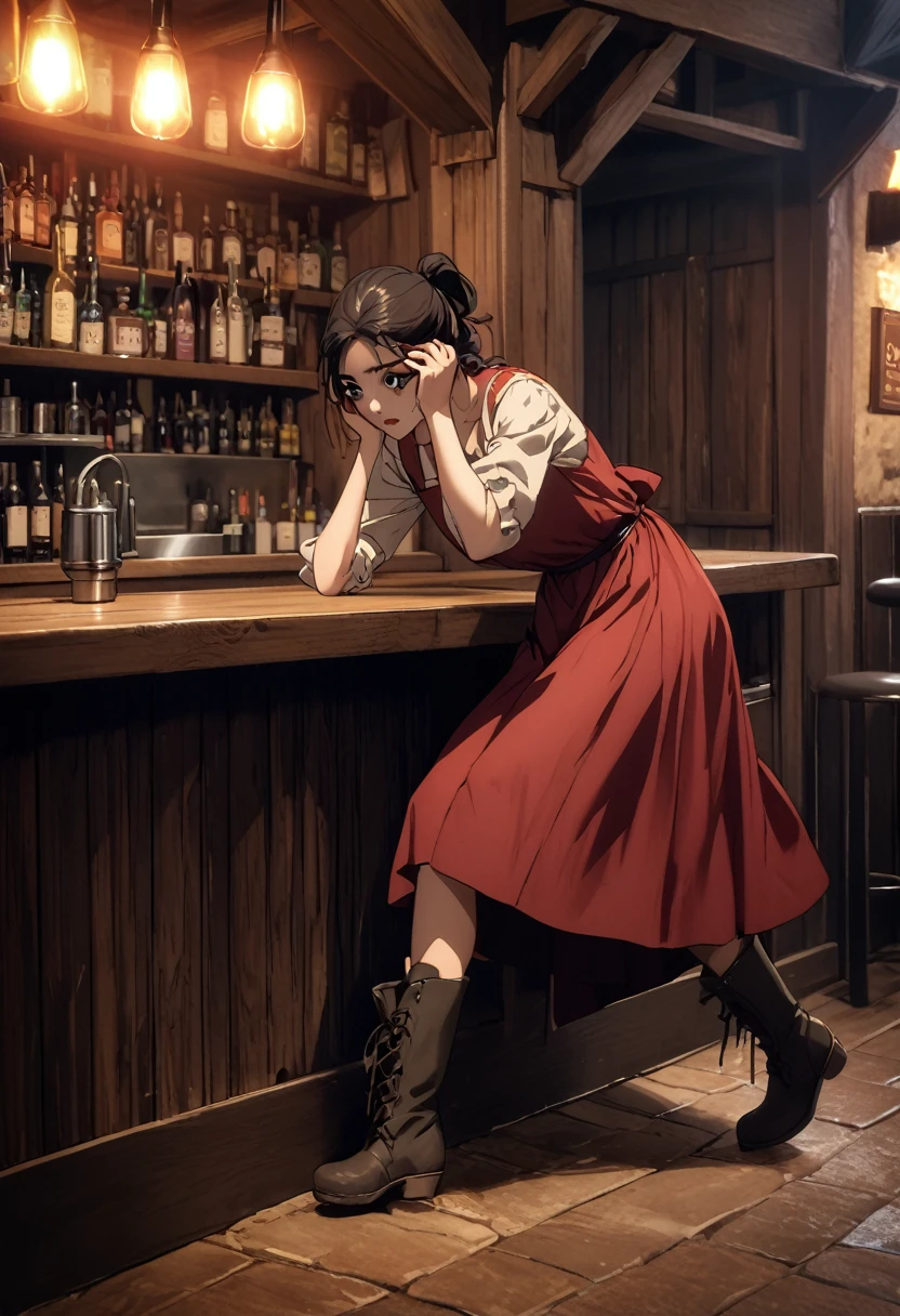 A woman, hair tied in a ponytail and falling over her face, black hair, black eyes, a red peasant dress, she is in a bar, working, lipstick, full body, peasant boots, alone