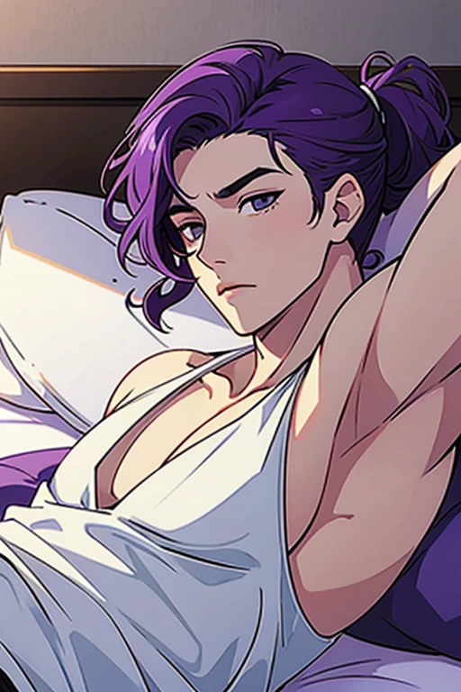 Young man with purple curly hair in a ponytail　Three white eyes　Downer　 great composition　 casual　　modern　bed　Looks sleepy