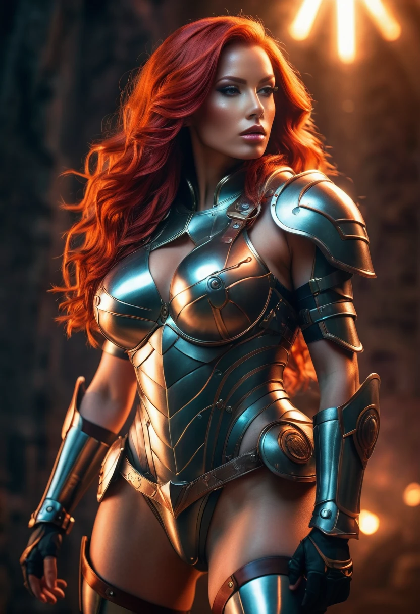 A sexy military futanari with a voluptuous Venus-like figure, huge breasts, full-body view, long red hair, long legs, detailed facial features, military armor, glowing magical aura, dramatic lighting, cinematic composition, (best quality, 8k, highres, masterpiece:1.2), ultra-detailed, realistic, photorealistic, photo-realistic:1.37, dark fantasy, chiaroscuro, dramatic colors, moody atmosphere, no nsfw
