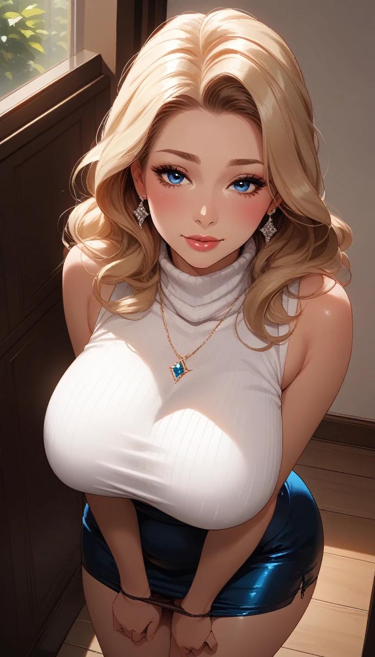 Score_9, Score_8_up, Score_7_up, Score_6_up, Score_5_up, Score_4_up, Source_anime, Tag1, Tag2, Quality_masterpiece, Anatomically correct, Beautiful face, Perfect face, blue eyes, Attractive face, Detailed face, blonde, Detailed skin, Huge breasts, Sensual woman, Mature female, Milf, Motherly, Elegant, Glamor, Bitch, Slut, Whore, Voluptuous, Seductive, Glamor, Love handle, Curvy, Plump, Embarrassed, shy, seductive BREAK high-angle view, fully clothed, Leaning forward, Panties down, Sleeveless turtleneck, mini skirt