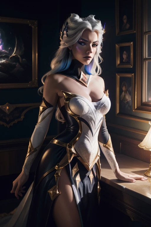 Star Nemesis Morgana, (Masterpiece:1.4), (best quality:1.2), full body, realistic, masterpiece, absurd, best quality, HDR, high quality, highest resolution, elegant, ultra-detailed, Beautiful, ((beautiful delicate face)), full body best details, detailed face, full body, digital painting, artstation, by artgerm, by Liang Xing, by WLOP, smooth, sharp focus, 8k, intricate details, sharp lighting, movie lights, natural light, hard light, backlight, global illumination, sexy, supermodel, facing towards the viewers, Environmental luxury room in the fantasy castle, night