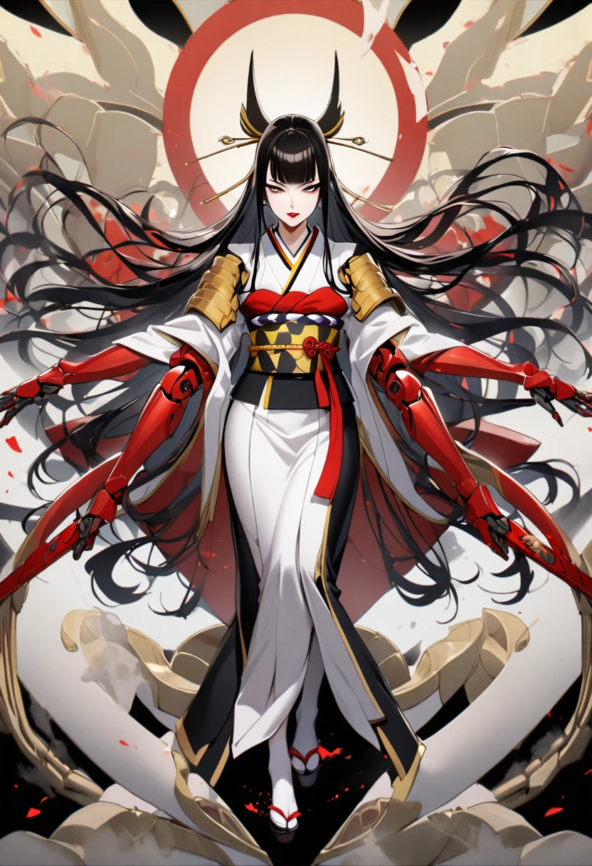 senjumaru shutara, long hair, bangs, blunt bangs, black hair, sidelocks, black eyes, makeup, lipstick, red lipstick, japanese clothes, kimono, mechanical arms, extra arms, solo, full body, 1 women, whole body