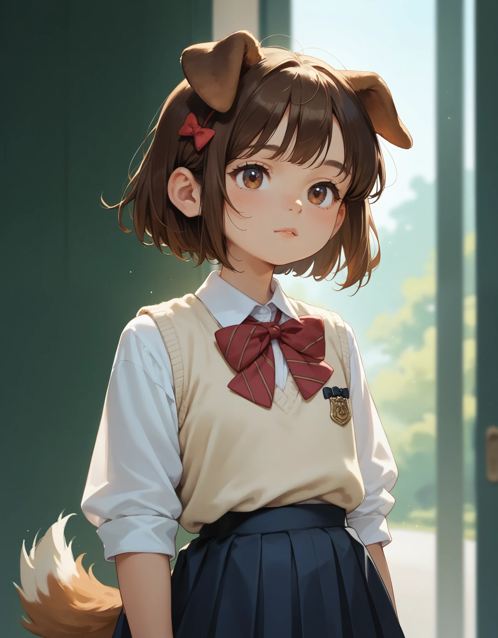 masterpiece,best quality,highly,
1girl, solo,  konoha, brown hair, short hair, brown eyes, dog ears 
 bow tie, white shirt, pleated skirt, sweater vest, dog tail