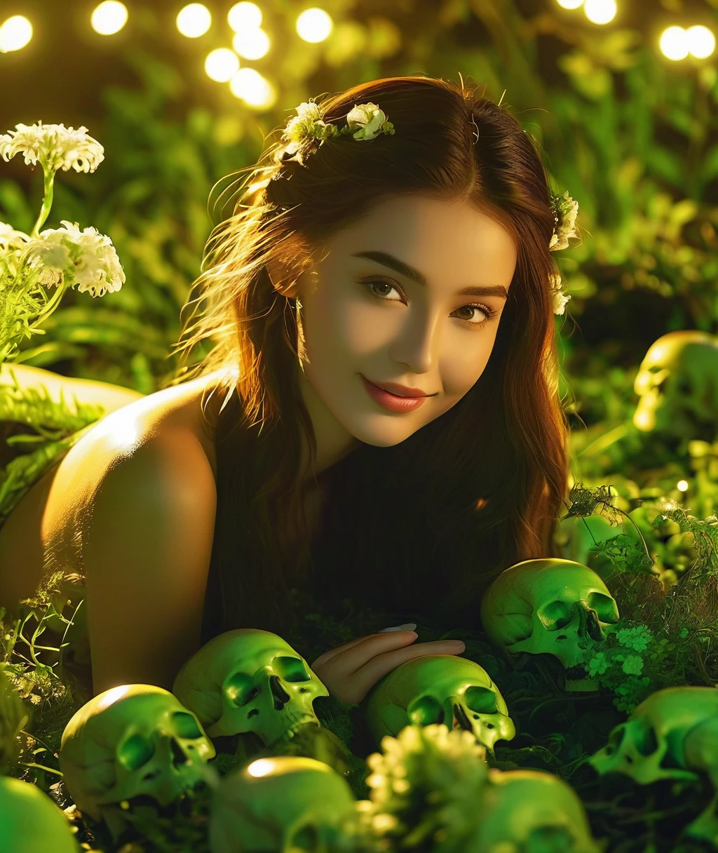 A cinematic-style fullbody realistic photo of a beautiful young lady,with a charming smile,in long hairstyle，sexy，on pile of skulls in White Viscous liquid, at a dense forest with various plants, vines and higanbana. The lady wears clothing in green color. Yaoye, anatomical correct:2, Raw, cinematic shot, (sharp focus:1.5), (photorealistic:1.4), twilight lighting, volumetric lighting, ultra high res, 16K,dramatic lighting, depth of field, Fantastical Atmosphere, The most beautiful form of chaos, ellegance, Dark theme of Fauvist design, Flower of Death, Flowers of ecstasy，Glowing Line,Glow Example，Tracking example，flash， Backlight，translucent，light particles,Xill 