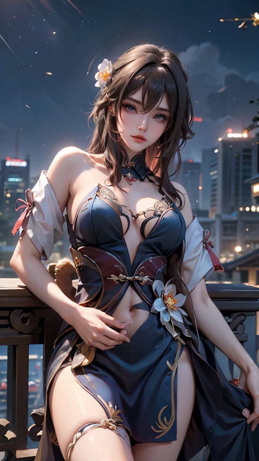 Vivid, A girl with blue cheongsam, masterpiece, semirealistic, dynamic composition, cowboyshot photography, gorgeous, ruan mei, honkai star rail, charming pose, dramatic lighting, vivid color, high contrast, breathtaking rendering, pupil's eyes colored by blue like sapphire, makeover face, straight black hair