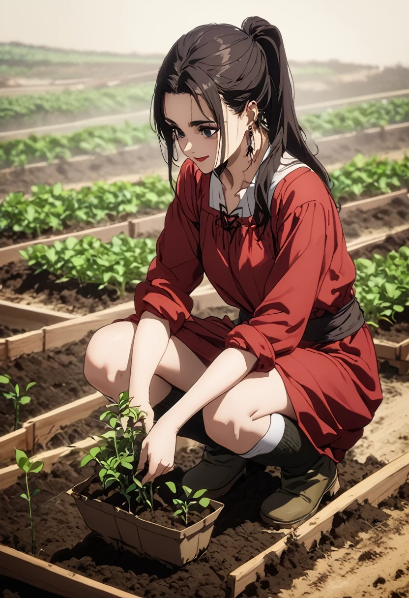 1 woman, Alone,  long hair ,  ponytail , black eyes,  Red Peasant Dress,  Peasant boots ,  knee-high socks , Whole body, smile, lipstick, small earrings, Planting, Cultivating , farm.