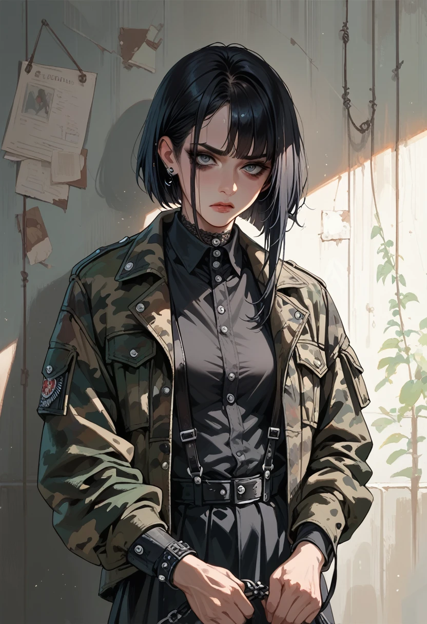 Black suspenders, gothic, Camouflage jacket, bondage
