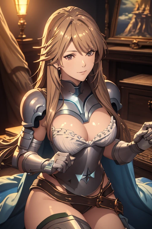 (Masterpiece,Best Quality, 4K, 8k,  high resolution, masterpiece:1.2), Super detailed, (Realistic, photoRealistic, photo-Realistic:1.37) ,Katarina( GRANBLUE FANTASY),( GRANBLUE FANTASYスタイル),Her hair is light brown , Beautiful Hair, beautiful details in her eyes , (Realisticな肌), small breasts:1.2,Beautiful Skin,armor, Katarinaのarmor,Charming,smile , rendering, add HDR to enhance visual effects , 超 high resolution,  studio lighting in the studio, Ultra-fine painting, Sharp focus, 物理ベースrendering, professional,  vibrant colors,(((Best Quality))), ((Super detailed)),((masterpiece:1.5)), Detailed Photos, (Best Quality: 1.4), 超 high resolution, High image quality,Perfect fingers,Perfect limbs,Perfect Fingers 