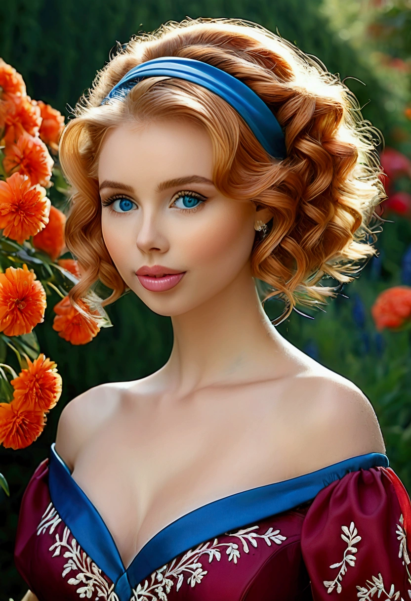 an enchanting young woman standing in a meticulously landscaped, sunlit garden filled with blooming red and orange flowers, vibrant greenery, and neatly trimmed bushes. She has fair, radiant skin with a slight blush, perfectly complemented by deep blue, almond-shaped eyes that exude warmth and subtle mystery. Her lips are painted a classic, rich red, with a slight gloss, adding depth to her expression, which is soft and welcoming.

Her hair, a medium chestnut brown with subtle highlights, is styled in loose, voluminous waves that frame her face, and a wide, satin-like blue headband holds it back, enhancing her features. She wears delicate, medium-sized gold hoop earrings that glint subtly in the light. Molly Quinn

The dress she’s wearing is a striking shade of teal blue with intricate details: puffed, off-the-shoulder sleeves adorned with tiny embroidered white flowers, and a bodice that fits snugly, accentuating her figure. Red buttons run down the front of the dress, adding a pop of contrast and vintage flair. A delicate, embroidered trim lines the neckline, which gently dips but remains tasteful, drawing the eye upwards.

The backdrop is vibrant and thoughtfully arranged, with layers of greenery creating depth and texture. The sunlight filters through, casting a warm glow over her and the garden, creating a soft bokeh effect that subtly blurs the background, bringing the viewer's attention to the subject. The atmosphere of the image is both tranquil and radiant, evoking a sense of timeless beauty and elegance.