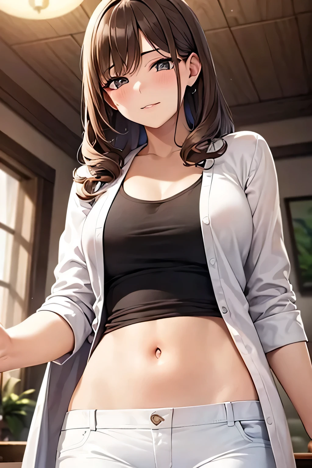 super fine illustration, vibrant colors, masterpiece, sharp focus, best quality, depth of field, cinematic lighting, ultra detailed, white t shirt, chiffon long cardigan jacket, 1 woman, solo, navel, living room, looking down, medium breasts, long curly hair, brown hair, tall, mature face, blush, white pants, makeup, mature face, giggling,leaning back,