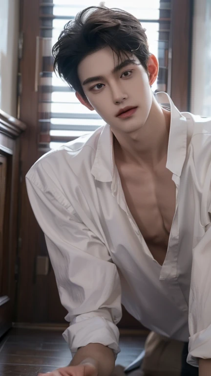 (((Best quality))),(((Ultra detailed))),(((Masterpiece)))，（Cute tall Shota：2），Handsome boy wearing Hanfu costume, exposing six packs and muscular body, The height of a volleyball player，solo person，（full bodyesbian：3），（Stay away from the lens：3），Expose your legs，（revealing the whole body：2），（Frontal heads-up view：1.2），malefocus，（looking at viewert），16 yaers old，（Tall：3），（Tall guy：2），Super tall，（Height 300 cm：2），Excellent body proportionuscular physique，（1.The shoulders are 5 times wider：1.2），（Slender straight legs：2.5），Slender feet，small headusculous，（The face of the animated male protagonist），Pure face，（Very detailed beautiful face and eyes：2），（Big bright eyes：1.2），Sharp eyeliner，Clear and beautiful face，，exhilarated，（Happy smile：2），short detailed hair，（Correct facial features），（tilts your head：1.5），（Men's soccer jersey：2)，Long white sockuscle firming：2），Strong，（Wide shoulders and narrow waist：2.2），Sports men's socks，Detailed muscle texture，Highlights muscle structure，At home，（He was kneeling on the ground：4），（full length shoot），ultra-realistic realism, (Photorealistic detail), Incredible accuracy, lifelike textures, masterful technique, Jaw-dropping precision, artistic dedicatiotomy correct），Good lighting，exquisite detailing，Best quality，stunning masterpiece，CG，（Colored screen） ((highest quality, 8K, masterpiece: 1.3)), Handsome boy in street fashion:1.5, 18-year-old、Delinquent boy、full body shoot, well-groomed face, black hair color、thin face、（white skin:1.5）、whole body、black eyes、（beckoning:2.0）、(looking:2.0) Chinese, Japanese, Korean、Chen Zheyuan, Chang Zhekuan, Jin of BTS, Liu Te, Lin Yi, Hyunjin、Super handsome、sexy eyes、Extra-fine face, handsome nose, small eyes and face, beautiful lighting, High resolution, detailed mouth, smile, whole body: 1.5, perfect body shape、super slim，medium hair、STUSSY clothes、silver accessories、Oversized clothes、fashionable