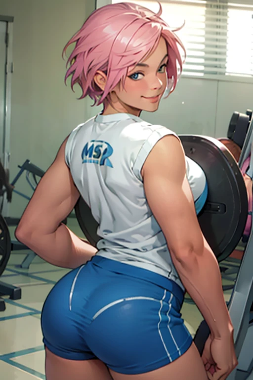 Appearance:  mature woman, pink hair,  short hair, muscular, thick legs, big ass,  medium breasts ,  friendly smile,  seductive smile , blue eyes. Outfit: gym outfit. Pose:   of coasts, of four, ass focus, focus on the ass. from behind