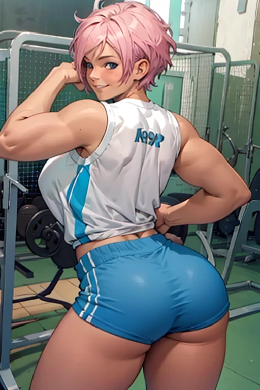 Appearance:  mature woman, pink hair,  short hair, muscular, thick legs, big ass,  medium breasts ,  friendly smile,  seductive smile , blue eyes. Outfit: gym outfit. Pose:   of coasts, of four, ass focus, focus on the ass. from behind