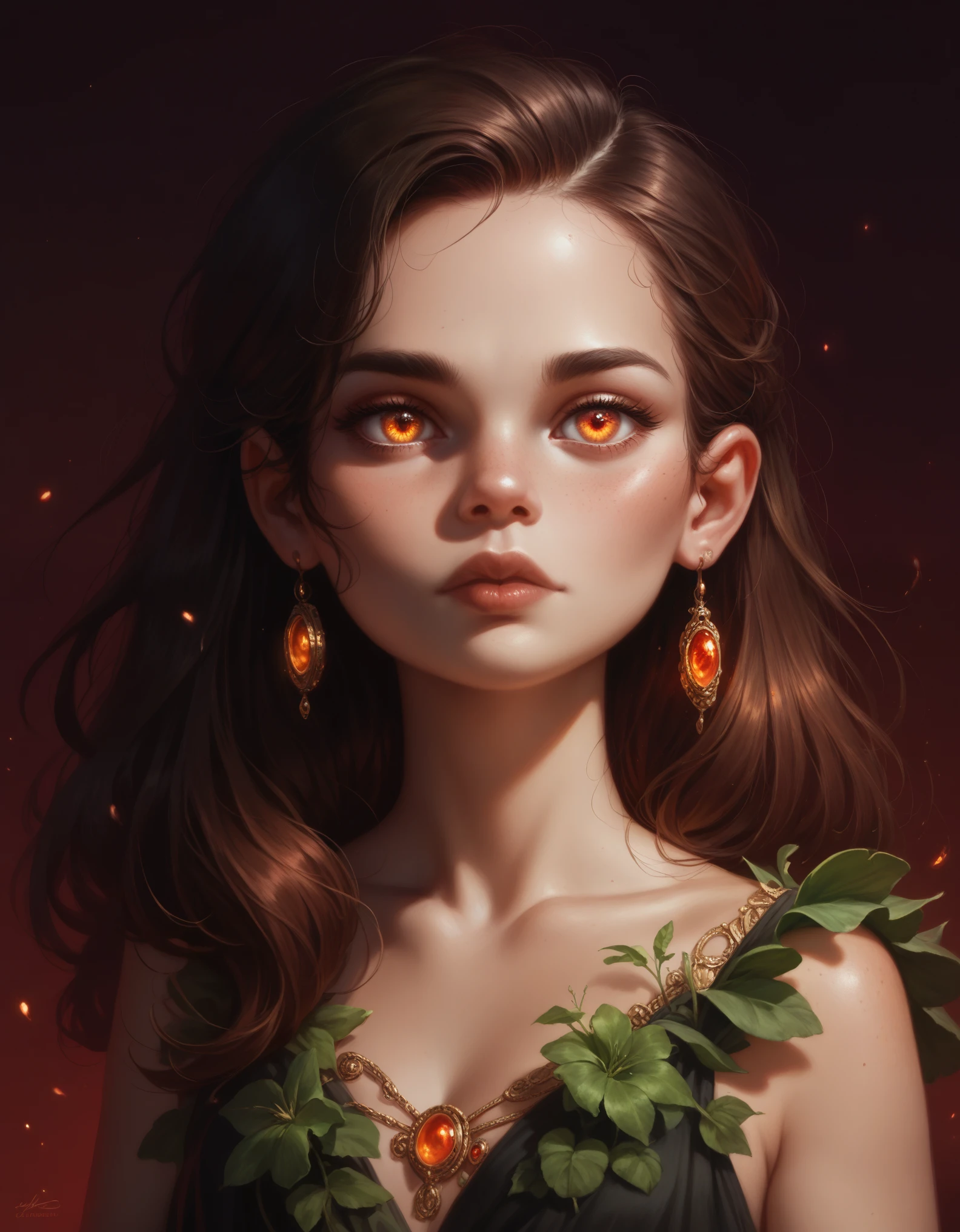 a dark forest, detailed face, beautiful detailed eyes, beautiful detailed lips, extremely detailed eyes and face, long eyelashes, young girl, melancholic expression, standing, moody lighting, glowing bioluminescent mushrooms, chemiluminescent plants, dark red background, moody, dark, surreal, atmospheric, digital art, concept art, photorealistic, 8k, highly detailed, hyper realistic, masterpiece, best quality