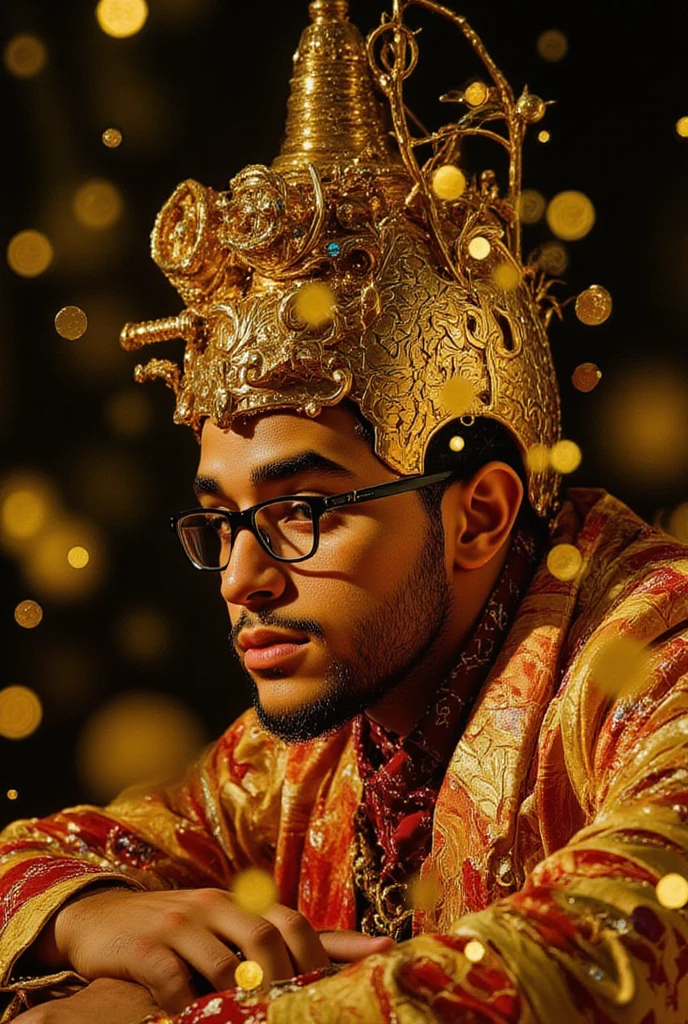 ((aesthetic_pose dramatic_lightning ne0nfant4sy)), close-up of (bufonese), beard, wearing glasses, slightly chubby, bufonese in elaborate gold and red Chinese-inspired attire, adorned with glittering makeup and jewelry, is in a state of serene contemplation, exuding an ethereal and mystical mood]. Photorealistic digital painting,  Art Nouveau influences. Reference the style of Annie Leibovitz's portraiture, with a touch of  Tamara de Lempicka's sharp lines and glamorous aesthetic. Dramatic chiaroscuro lighting, emphasizing the gold accents; iridescent, shimmering textures on the clothing and makeup; a bokeh background with gold and rainbow sparkles; shallow depth of field, simulating a 50mm lens;  highly detailed rendering, focusing on the intricate details of the costume and makeup; vibrant, saturated colors with a golden hue dominating the scene.